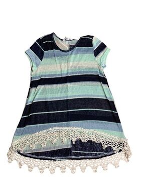 Streetwear Society Striped Crochet Hem Tunic Top Blue Teal Green Size M